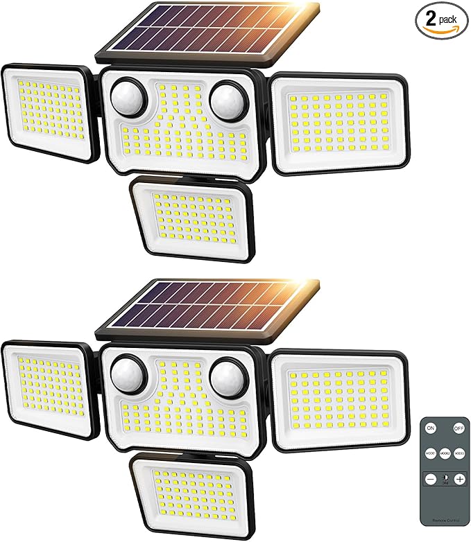 4500LM Solar Lights Outdoor Waterproof, 254 LED Solar Flood Lights Outdoor with 2 Motion Sensor, 4 Heads Security Light with Remote Control for Yard Outside House Garage 2 Pack