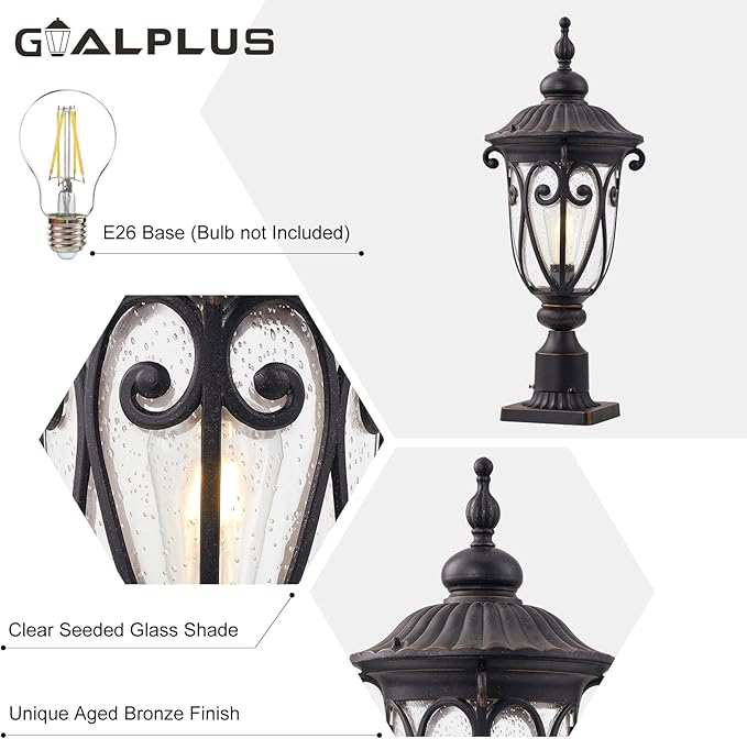 Outdoor Post Light Fixture with Pier Mount, 24 Inch High Vintage Post Lamp for Yard, Antique Bronze Exterior Waterproof Pole Lantern with Seeded Glass Shade, Aluminum, LM0519-M