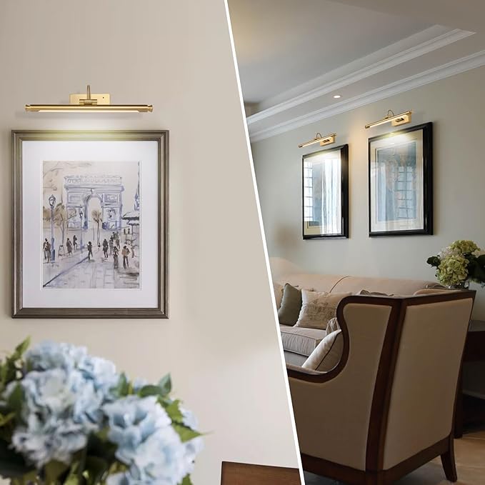 Wireless 15.7in Gold Brass Picture Light – Rechargeable LED Wall Art Lamp with Remote Control, Timer, Adjustable Arm, 3 Color Temperatures & Stepless Dimming, for Living Room and Gallery Lighting