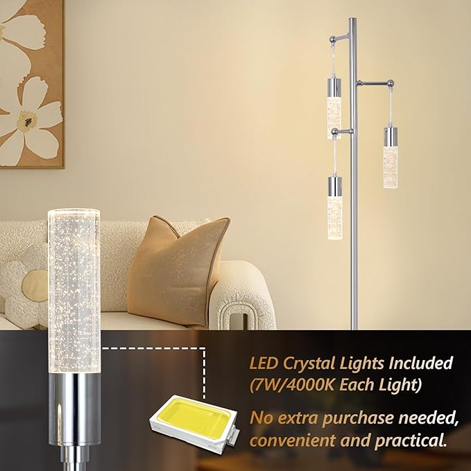 Bubble Crystal Floor Lamps for Living Room, Industrial Modern Standing Lamp with 3 Built-in LED Lights, ON/Off Foot Switch, 65IN Tall Tree Floor Lamp for Bedroom Corner Home Office, Silver