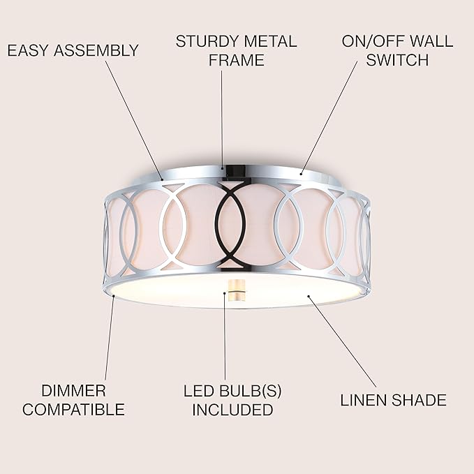 JONATHAN Y 12.25" Chrome Modern Metal LED Flush Mount Ceiling Light for Bedroom Hallway, White Linen Drum Shade with Geometric Fretwork, LED Bulbs Included (JYL3502B)