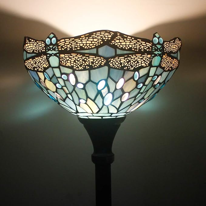 WERFACTORY Tiffany Lamp Shade Replacement 12X6 Inch Sea Blue Stained Glass Dragonfly Lampshade Only 1-5/8-Inch Fitter Opening for Arched Floor Lamp, Torchiere Lamp, Pendant Light S147 Series