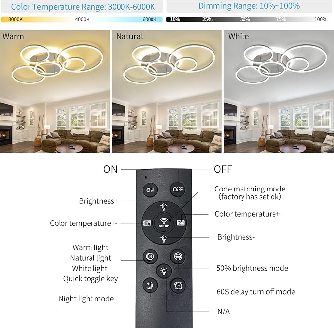 Modern LED Ceiling Light Silver Dimmable 5 Rings Flush Mount Ceiling Light Fixtures with Remote Control 106W 10000LM Ceiling Lighting for Living Room Bedroom Kitchen Dining Room 3000-6000K