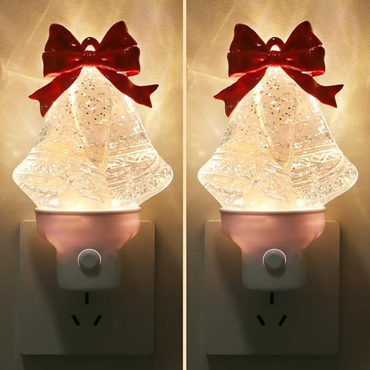 2 Pack Christmas Bell Night Light Plug into Wall Glitter Water Nightlight with USB/Outlet Options, Christmas Decorative Nightlight for Bedroom Kitchen Nursery Holiday Decorations Gifts (Bell)