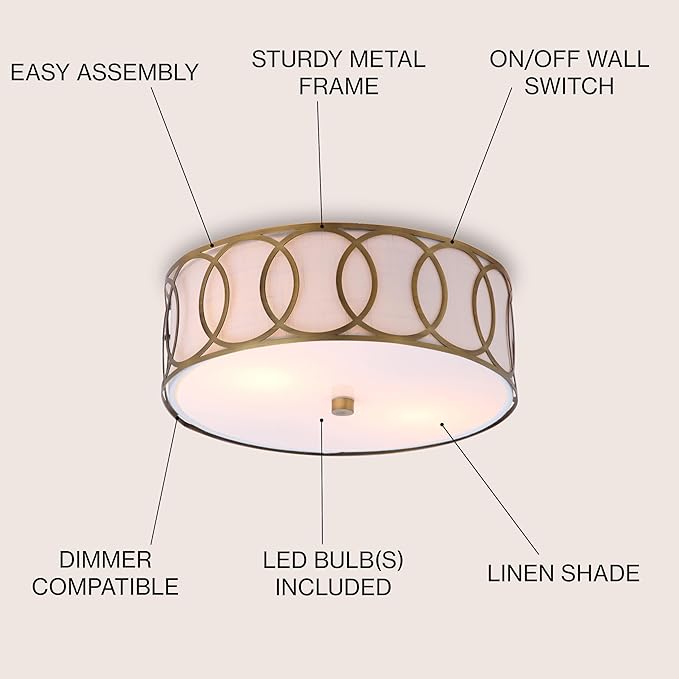 JONATHAN Y 12.25" Brass Gold Modern Metal LED Flush Mount Ceiling Light for Bedroom Hallway, White Linen Drum Shade with Geometric Fretwork, LED Bulbs Included JYL3502A