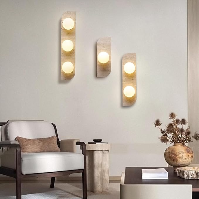 Japanese Style Wabi-sabi Art Lighting Fixture, Yellow Travertine Wall Sconce with Glass Shade, G4 Socket Natural Stone Vintage Wall Lamp for Bedside Bedroom Living Room Kitchen(1-Light)