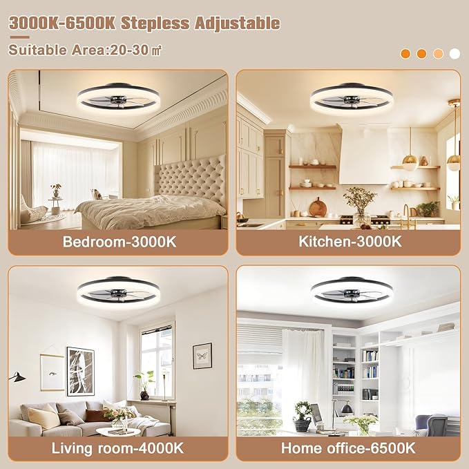 VOLISUN Low Profile Ceiling Fans with Lights and Remote, 23.6in Flush Mount Ceiling Fans with Light, 3000K-6500K Dimmable Fandelier LED Fan Light, Bladeless Ceiling Fan with Lights for Bedroom(Black) - Aura Lighting