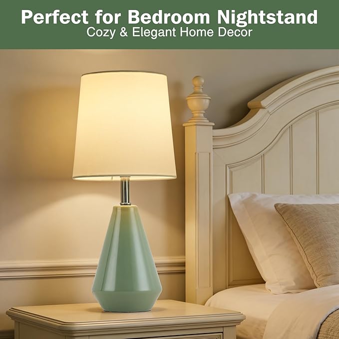 Small Bedside Table Lamp for Bedroom-Reading Desk Lamp Set of 2,with 3 Color Temperatures,15.5" Nightstand Ceramic Lamp with Fabric Shade for Kids Room,Living Room,Dorm,Home Office (Green+White )