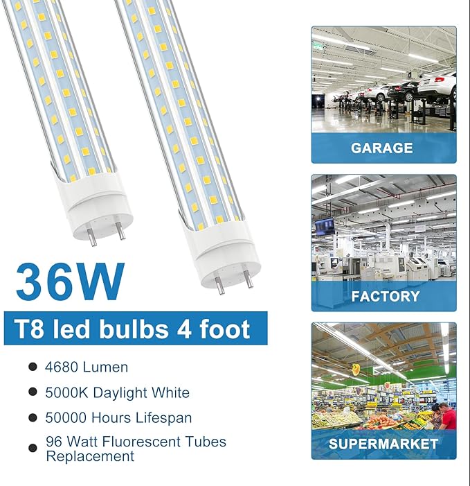 SHOPLED Led T8 Bulbs 4ft, 36W 4680LM 5000K Daylight White, Double End Powered, Plug and Play or Ballast Bypass, Type A+B T8 Led Bulbs 4 Foot F32T8 or F40T12 Fluorescent Light Bulbs Replacement 25 Pack