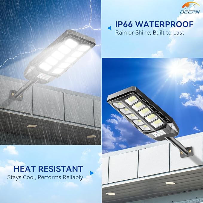 Deepn Solar Lights Outdoor for Outside, IP66 Waterproof Street Lights Outdoor, 6500K Dusk to Dawn LED Solar Security Flood Lights Motion Sensor with Remote Control for Yard, Entryway Garage, Porch