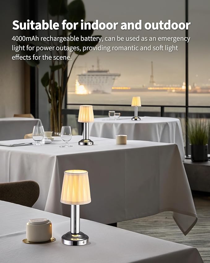 Small Cordless Table Lamp 2 Pack, 11.4" H Fabric Shade Touch Lamps, 4000mAh Rechargeable Battery Powered Lamp, Mini Bedside Lamp for Buffet, Dining Room, Bedroom, Bar (Silver)