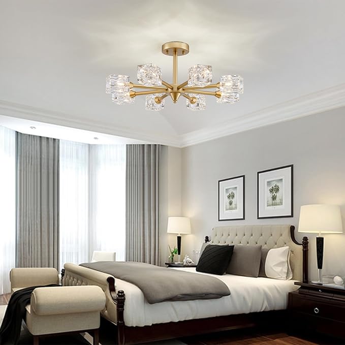 XINGQI 8-Light Semi Flush Mount Ceiling Light Fixture Modern Antique Gold Sputnik Chandeliers Fashion Lighting for Bedroom Dining Room Farmhouse Kitchen Office - Aura Lighting
