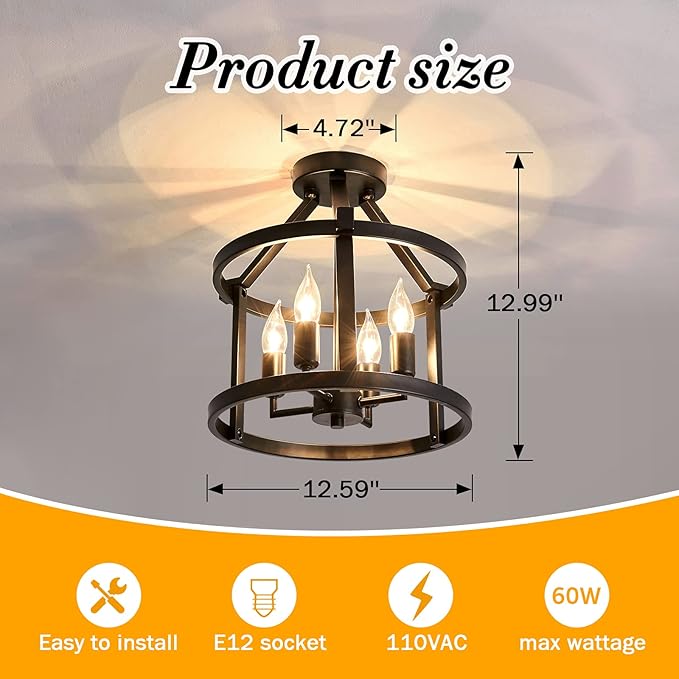 UOFUS Metal Semi Flush Mount Ceiling Light Fixture 4 Candle Holder Matte Chandelier Farmhouse Ceiling Lamp for Dining Room Bedroom Kitchen Hallway Entryway（Black） - Aura Lighting