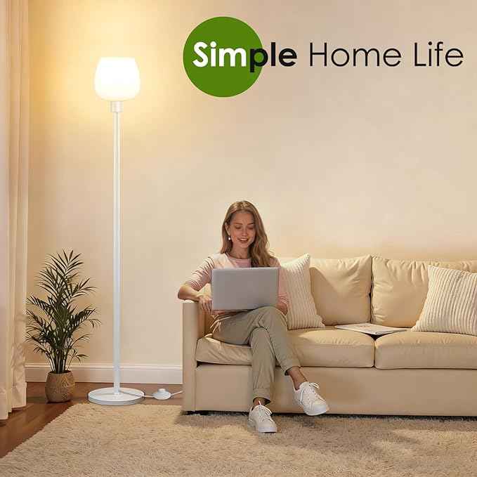 64.2'' White Floor Lamp, Modern Standing Lamp with Opal Glass shade, 3 Color Temperatures LED Bulb Included, Foot Pedal Switch, Tall Pole Standing Lamps for Living Room, Office, Bedroom, Home Decor