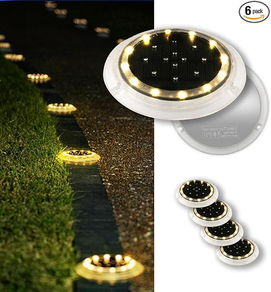Solar Dock Lights, Super Bright Disc LED Outdoor Waterproof, Anti-Slip & Anti-Trip Flat Low Profile for Marine, Deck, Ground, Pool, Pier, Pathway, Step (Warm White, 6Pack)