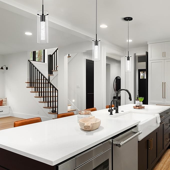 1 Pack Pendant Ceiling Light Fixture, Pendant Lights for Kitchen Island Crystal Pendant Light, 1-Light Integrated Kitchen Hanging Light Fixture Modern Island Light with Bubble Glass