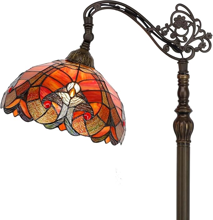 Tiffany Lamp Shade Replacement 12X6 Inch Stained Glass Lampshade Only 1-5/8-Inch Fitter Opening for Arched Floor Lamp, Torchiere Lamp, Pendant Light (Red)
