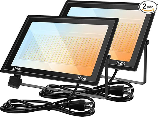 210W LED FloodLights Outdoor 2 Pack, 3CCT 3000K 4500K 6000K Selectable, 25000LM Dimmable, IP66 Waterproof, Outdoor Security Flood Lamp for Backyard, Garage, Court