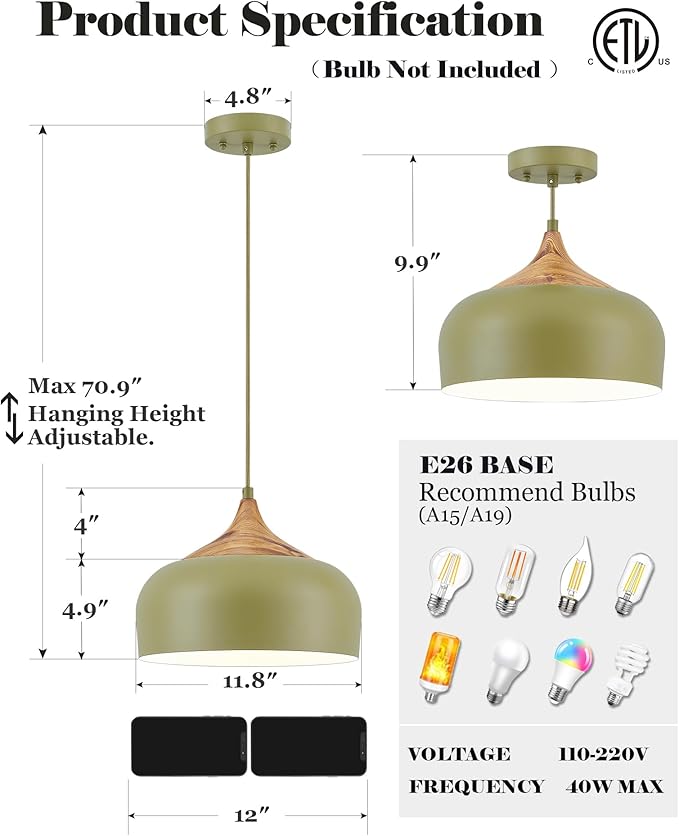 ELYONA Vintage Pendant Light Fixtures with Faux Pine Wood Grain, 12 Inch Adjustable Hanging Light Moss Green Metal Shade, Mid Century Modern Nordic Pendant Lamp for Kitchen Island Dining Room Bedroom