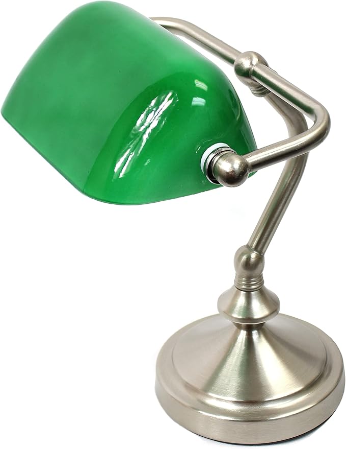 Simple Designs LT3057-GRN Brushed Nickel Mini Traditional Banker's Lamp with Glass Shade, Green