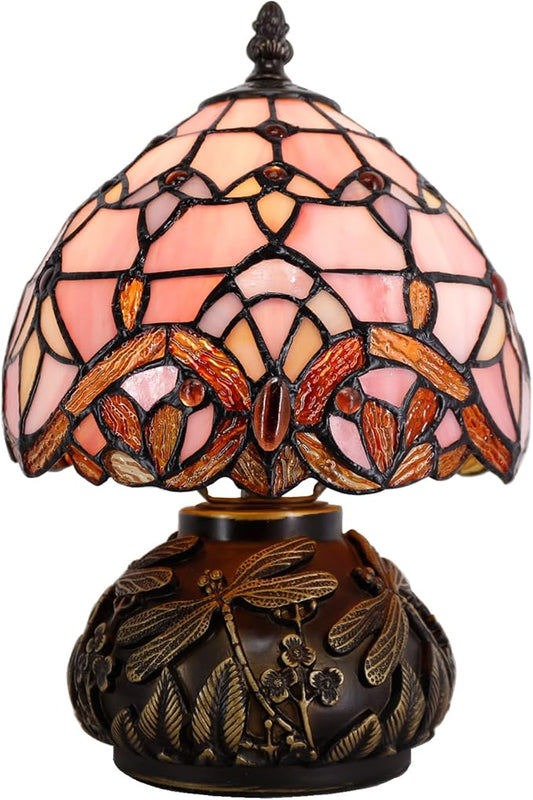 WERFACTORY Small Tiffany Lamp Desk Pink Stained Glass Baroque Mushroom Table Lamp Bronze Mini Accent Lamp W8H11 Inch S003P Series