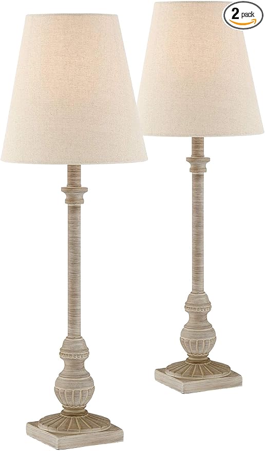 Regency Hill Loreno Traditional Country Cottage Buffet Table Lamps 24" Tall Skinny Set of 2 Antique Whitewashed Oatmeal Faux Linen Tapered Cone Shade for Living Room House Home Dining Family