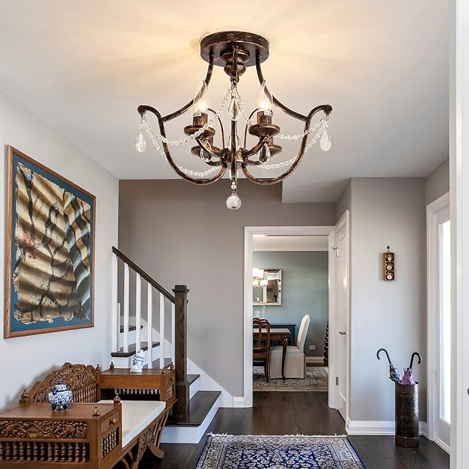 UOFUS Vintage Semi Flush Mount Crystal Chandelier Oil Rubbed Bronze 4-Light Small Metal Ceiling Light Fixture Farmhouse Ceiling Lamp for Foyer Kitchen Entryway Hallway Bathroom Bedroom Dining Room - Aura Lighting