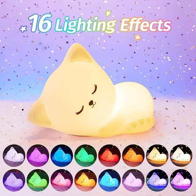 Night Light for Kids,16 Colors Cat Lamp Cute Lamp,Dimmable Baby Night Lights for Nursery,Silicone Rechargeable Nightlight for Kids Room,Kawaii Room Decor,Cat Themed Gifts,Valentines Day Gifts for Kids