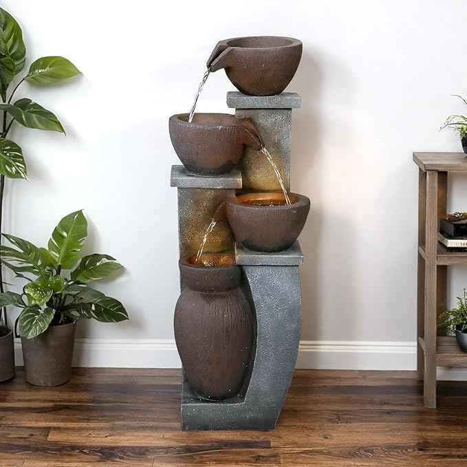 SunJet 4-Tier Outdoor Water Fountain Resin Waterfall Fountains Decor with LED Lighting Natural Polyresin Looking Stone Decor for Garden Patio Fold Court Yard Deck 11.4" L x 11.8" W x 32.8" H