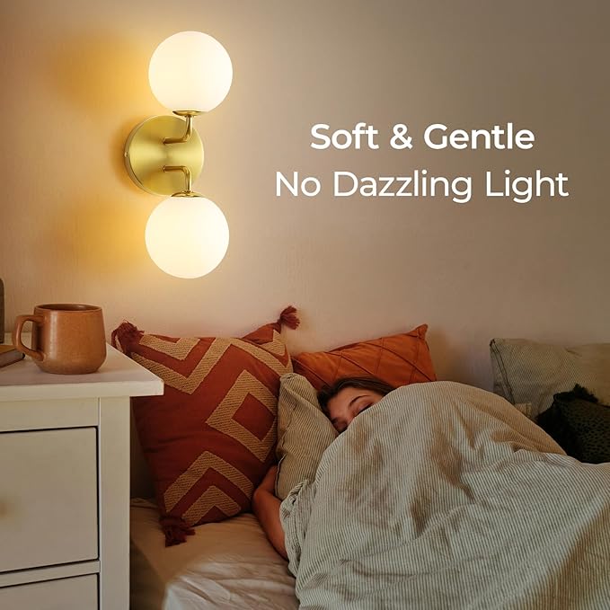 Yunnix Wall Sconce Set of Two Gold Wall Vanity Light Modern Globe Wall Sconces Light Mid Century Wall Sconce 2 Light for Bathroom Mirror Living Room Bedside Living Room Bedroom(Bulbs Not Included)