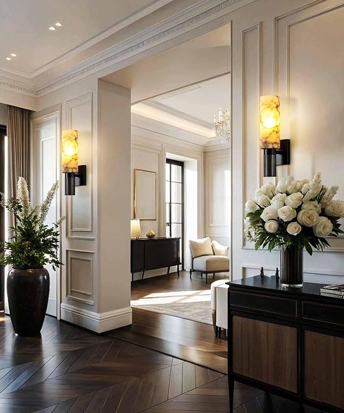 Modern Alabaster Sconce Marble Wall Sconce for Living Room Black Base Bathroom Vanity Wall Sconce Lighting Stone Marble Wall Lamp for Bedroom Corridor Stairs Restaurant - Aura Lighting