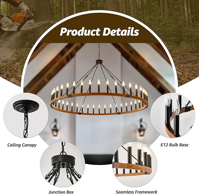 60-Inch Rustic Wooden Chandelier, 42-Light Extra Large Round Chandeliers for High Ceilings, Farmhouse Chandelier for Foyer Living Room Bedroom Entryway, E12