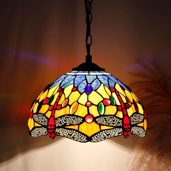 Tiffany Lamp Shade Replacement 12X6 Inch Stained Glass Lampshade Only 1-5/8-Inch Fitter Opening for Arched Floor Lamp, Torchiere Lamp, Pendant Light (Orange Blue Dragonfly)