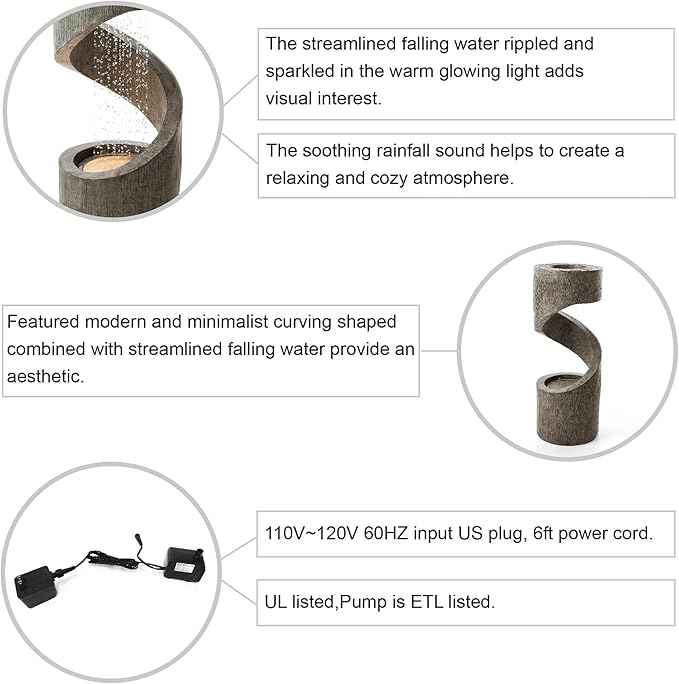 Glitzhome Outdoor Water Fountain with LED Light, Spiral Outdoor Fountain Waterfall with Stone Planter, Modern Curved Freestanding Fountain Water Feature for Garden Patio Backyard, 31.3" H