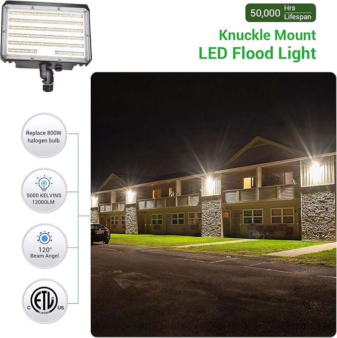 2Pack 80W LED Flood Light Outdoor, Security Light with Dusk-to-Dawn Photocell 5000K Daylight 12,000LM 100-277V Super Bright(800W Halogen Equiv)Adjustable Knuckle Mount IP65 Waterproof for Yard Garage - Aura Lighting
