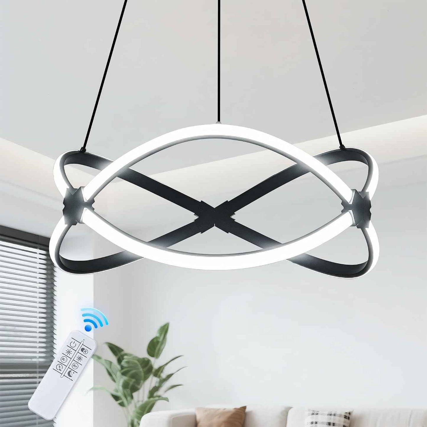 Mayful 18.5 Inches Black Modern Chandelier with Remote Control, 2 Rings Dimmable Led Large Chandeliers for High Ceilings, Height Adjustable Living Room Chandelier for Dining Room, Entrance, Foyer