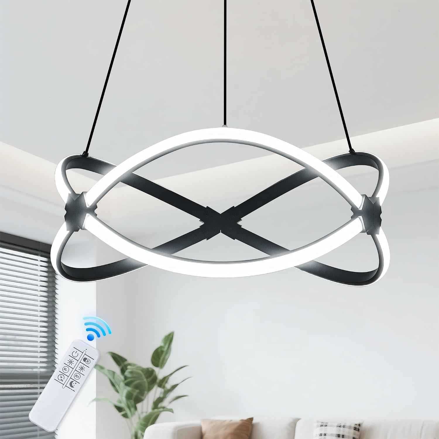 Mayful 18.5 Inches Black Modern Chandelier with Remote Control, 2 Rings Dimmable Led Large Chandeliers for High Ceilings, Height Adjustable Living Room Chandelier for Dining Room, Entrance, Foyer