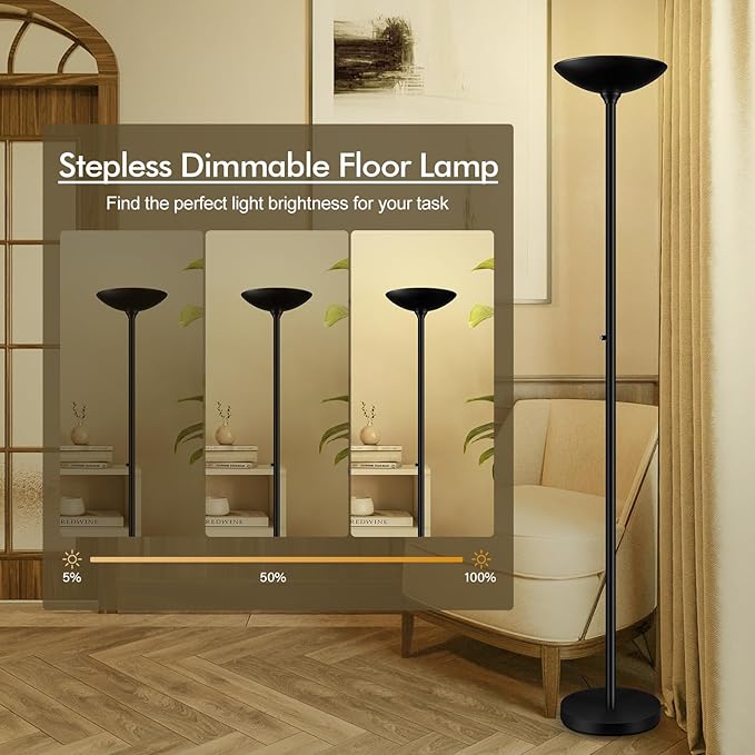 30W Torchiere Floor Lamp - 3600LM Super Bright LED Floor Lamp, 71 Inch Stepless Dimmable Standing Lamp with 3000K Lighting, Rotary Switch, Tall Metal Torch Floor lamps for Living Room/Bedroom (Black) - Aura Lighting