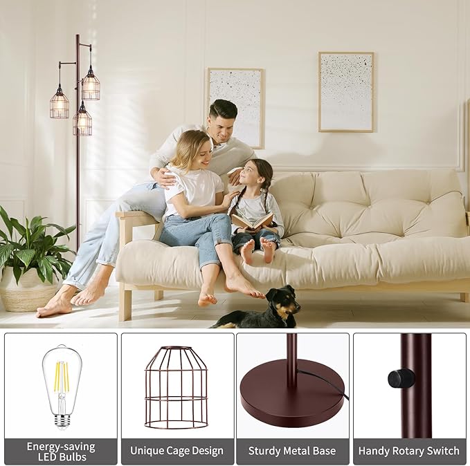 Sucolite 70" Dimmable Floor Lamp for Living Room, Industrial 3-Light Tree Floor Lamp Brown with Cages, Farmhouse Rustic Tall Standing Lamp Floor Lighting for Bedroom Office, 3 Free LED Edison Bulbs