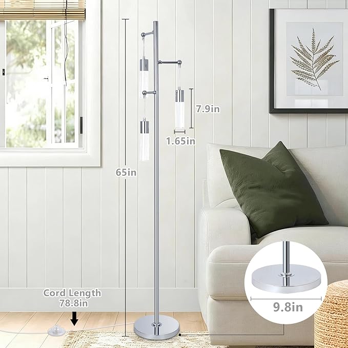 Bubble Crystal Floor Lamps for Living Room, Industrial Modern Standing Lamp with 3 Built-in LED Lights, ON/Off Foot Switch, 65IN Tall Tree Floor Lamp for Bedroom Corner Home Office, Silver