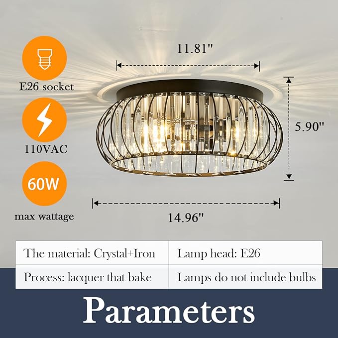 YYJLX 3 Light Flush Mount Ceiling Light Fixtures Modern Crystal Chandelier Black E26 Indoor Lighting for Hallway Bedroom Bathroom Foyer Living Room Dining Room Kitchen.