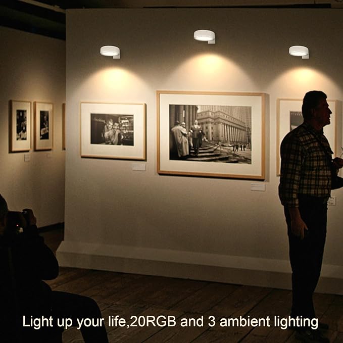 Wireless Picture Light, 20 RGB Color Magnetic Lights, Adjustable Timer Led Picture Frame Art Display Light, Wireless Gallery Display Wall Photo Light, 3 Pack White