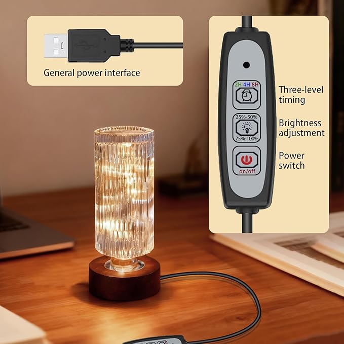 Dimmable Crystal Night Light,Small Bedside Lamp,Nightlight with Timer,Room Decor Desk Lamp,Bedroom,Living Room,Kitchen,Dining Room Lamp (Vertical Striped Pattern)