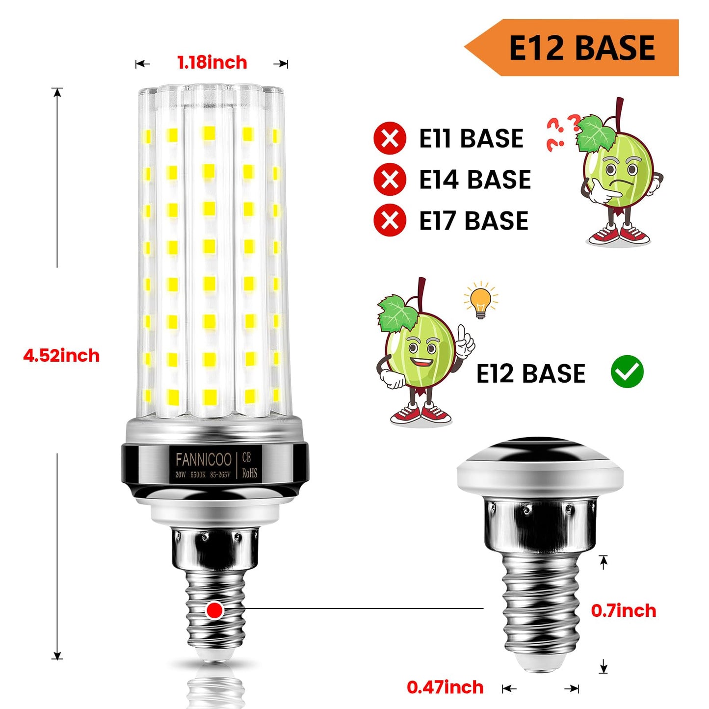 E12 LED Bulb 6pcs 20W LED Corn Light Bulb 150W Equivalent 2500Lumen 6500K Cool Daylight White Non (6 Count)