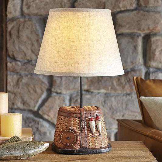 BLACK FOREST DECOR Fishing Creel Accent Lamp - Rustic Lodge Table Lamp with Woven Look - 20.25" x 13.15"