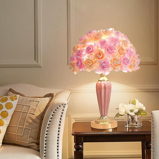 Pink Flowers Lamp Beautiful Yellow Flower Bedside Lamp Nordic Nightstand Light Romantic Rose Bouquet Table Lamp for Wedding Girl Bedroom Valentines Dating Living Room Office Christmas - Aura Lighting