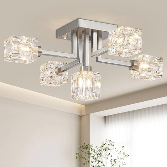 XINGQI Modern Sputnik Chandeliers Brushed Nickel Semi Flush Mount Ceiling Light Fixture 5-Light for Dining Room Living Room Kitchen Bedroom Entryway - Aura Lighting
