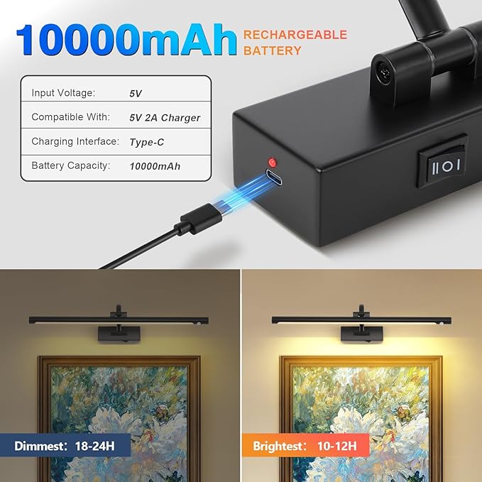 Wireless Black Picture Lights for Wall Motion Activated, Motion Sensor Gallery Lights Auto-Off Art Lights for Portraits Display 24 Inch 5W Warm White
