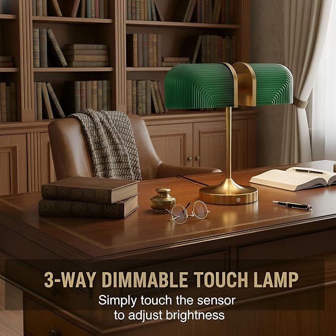 Vintage Milk Glass Bankers Desk Lamp - Dimmable Touch Control Bedside Lamp with USB A+C Charging Ports, for Bedroom Nightstand & Living Room, Bulb Included (Green)