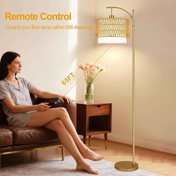 Gold Floor Lamps for Living Room Rattan Boho Floor Lamp with Remote Control & 3 Color Temperature, Dimmable Arc Floor Lamps Wicker Lamp Shades Brass Standing Lamp Tall Floor Lamp For Bedroom Corner